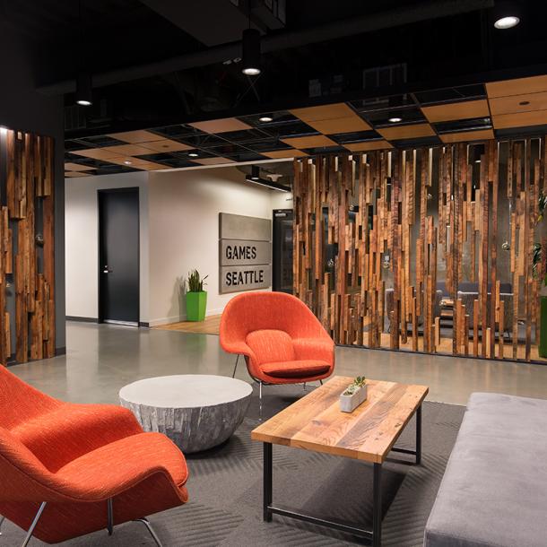 Inside this Bellevue office is a slat wall created from as found Douglas Fir joists with skip planed patina. (c) Clearly O'Farrell Photography.