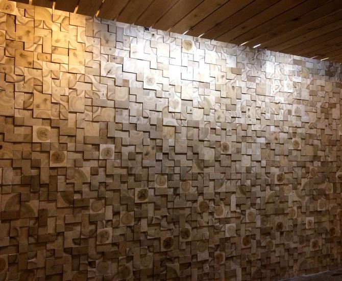End blocks of Poplar & Basswood create a marvelous texture used in this curved dimensional wall at Village Gate, Rochester, NY.