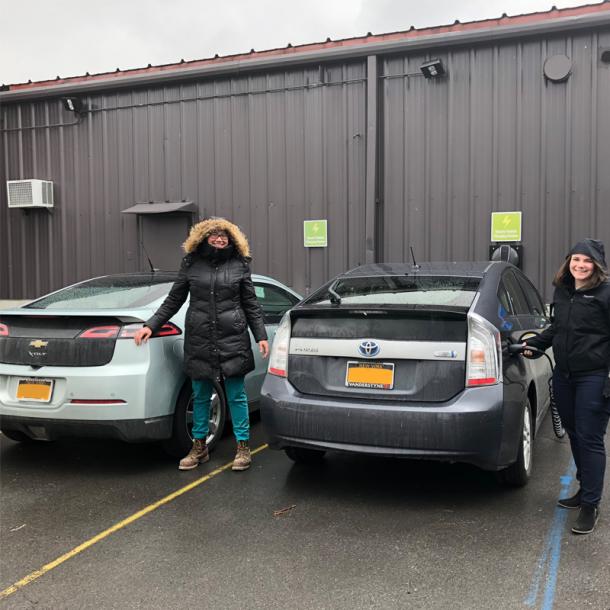 Pioneer Millworks coworkers electric cars and office charging station