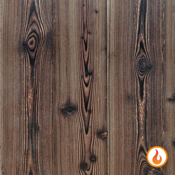 Shou Sugi Ban Larch Tiger's Eye by Pioneer Millworks. Charred wood siding and paneling that is burned, brushed twice, and coated with an water-base poly