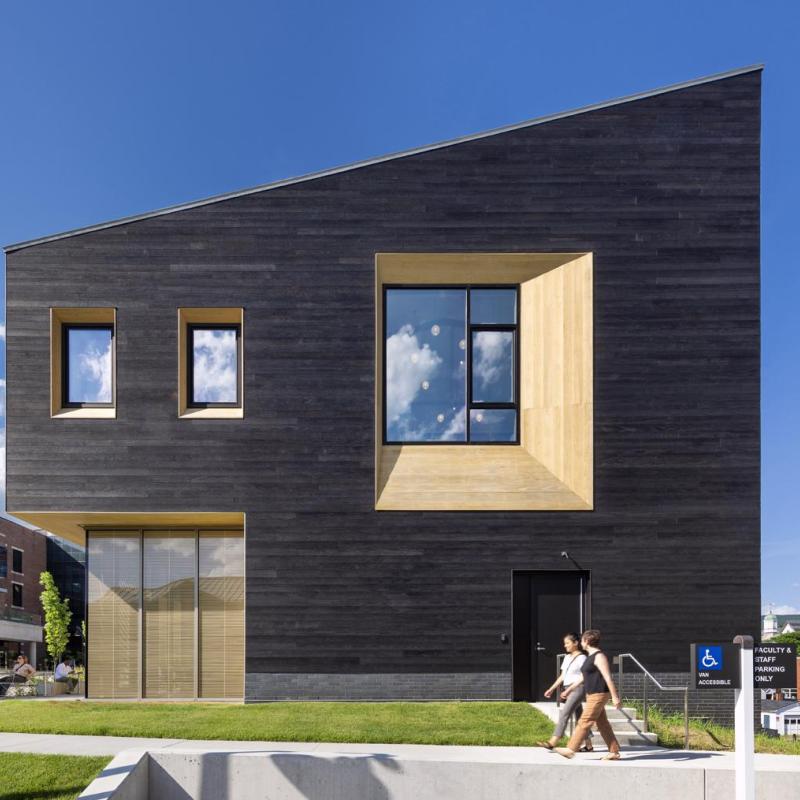 Pioneer Millworks Accoya Sand Siding and American Gothic Reclaimed White Oak Flooring in the Davis Center at Williams College. Photo by Albert Vecerka/Esto