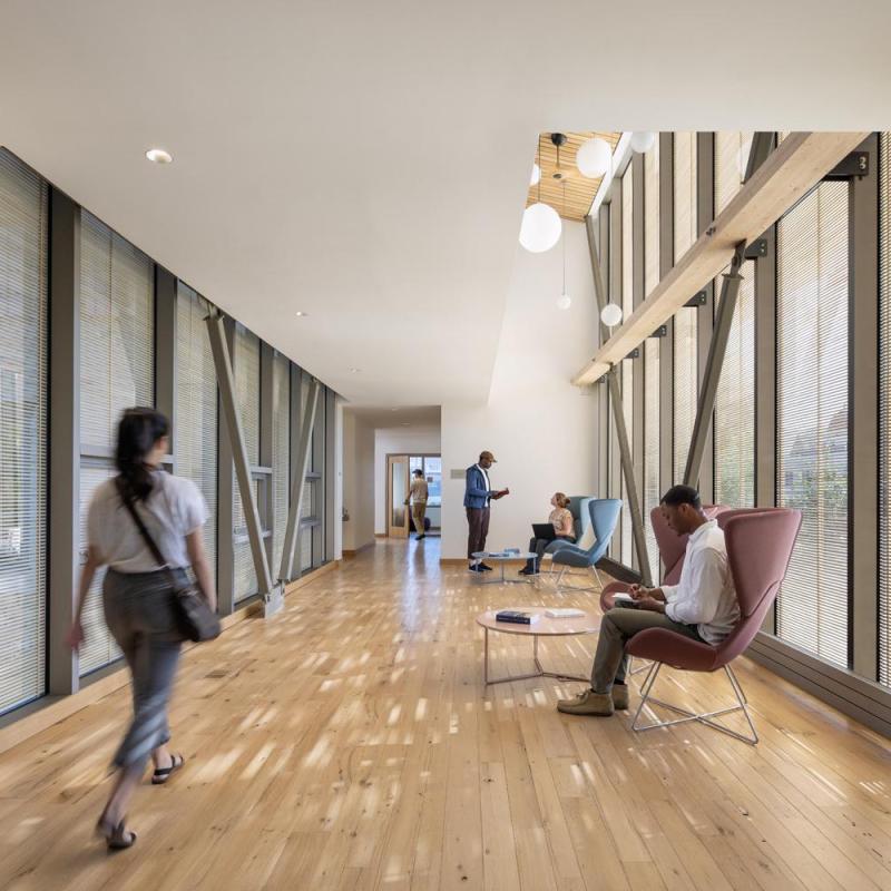 Pioneer Millworks Accoya Sand Siding and American Gothic Reclaimed White Oak Flooring in the Davis Center at Williams College. Photo by Albert Vecerka/Esto